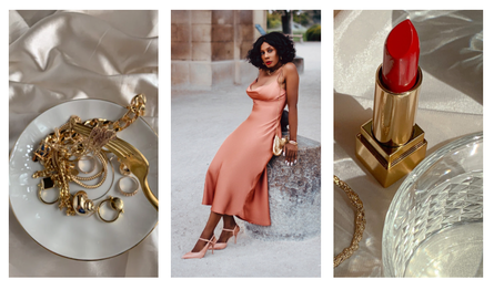 gold jewellery, lipstick, and designer clothing